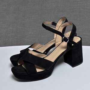 A New Day Sandals 9 Black Faux Suede Platform Block Heel Strappy Dressy Classic